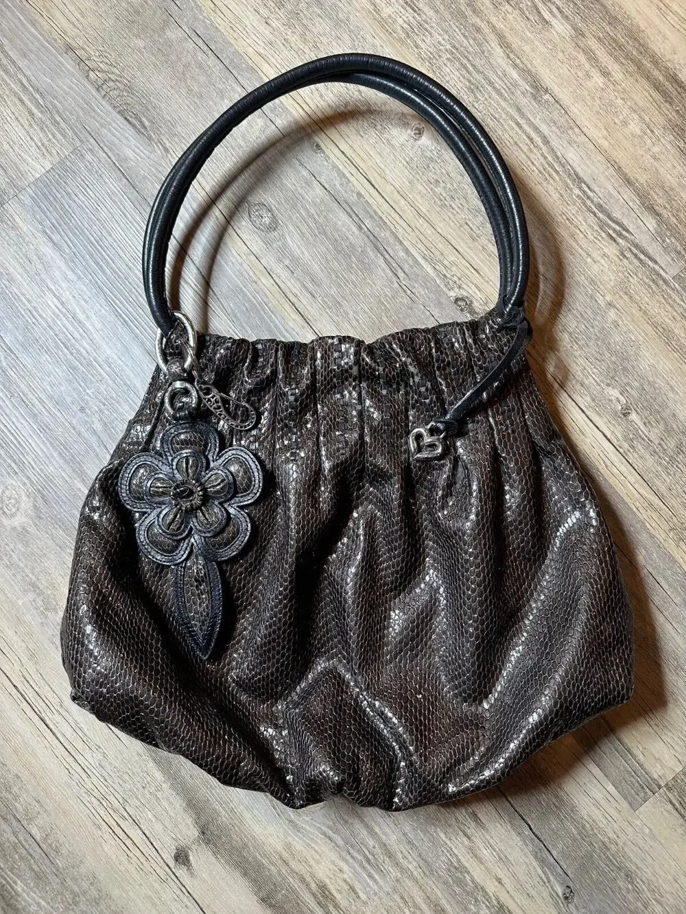 Brighton Breelan Python Snake Embossed Leather Handbag Purse Hobo Brown Grey